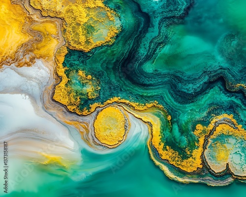 An abstract aerial view of colorful layered geological formations