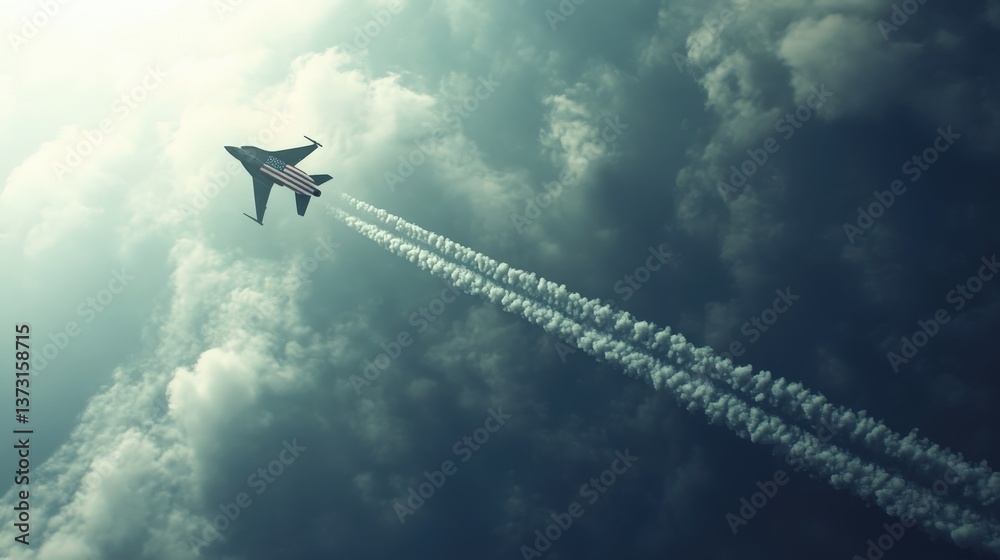 Naklejka premium A military jet aircraft flying high through a cloudy sky