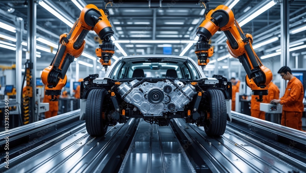 Fototapeta premium Car assembly line. Orange robot arms work on car chassis. Gray car body parts on metal conveyor belt. Industrial factory interior with automated manufacturing process.