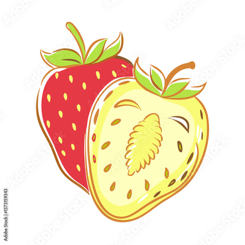 Strawberry icon with yellow and red colors, fruity delight concept