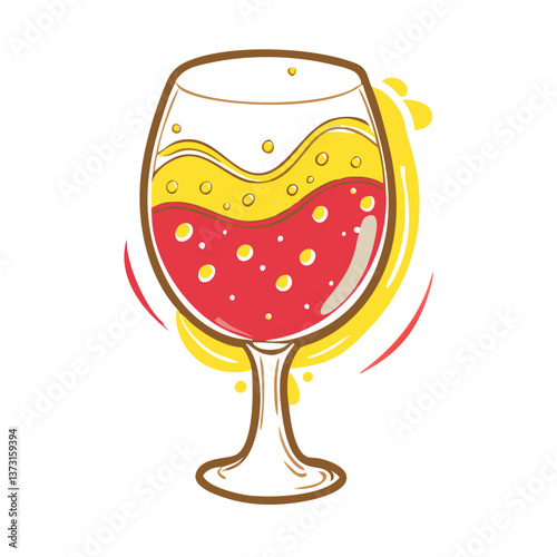 Colorful wine glass icon with bubbles, refreshing beverage concept