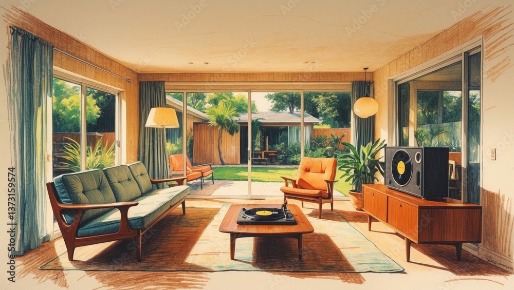 Fototapeta premium Sketch of living room interior with furniture. Green couch, orange chairs, and record player. Large windows view outdoor space with plants and building.