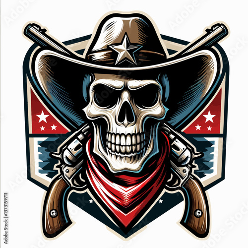 Calavera de vaquero en estilo mascota para logotipo o póster, creada como ilustración vectorial EPS10 sobre fondo blanco, perfecta para branding con espíritu occidental
