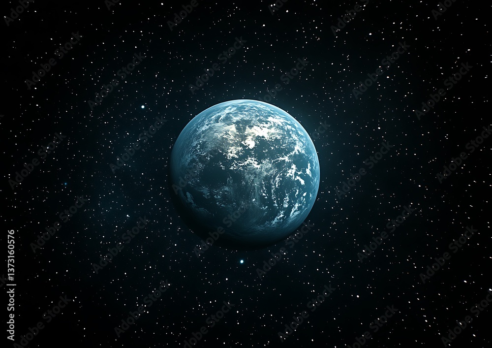 A detailed depiction of a planet floating in dark starry space A detailed depiction of a planet floating in dark starry space