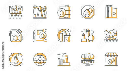 Oil industry icons set in outline stroke design for web. Pack line pictograms with platform, barrel, fuel storage, canister, gas station, chemical analysis, power plant, other. Vector illustration.