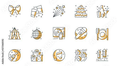 Party icons set in outline stroke design for web. Pack line pictograms with cheer glasses, fireworks, birthday cake, cocktails, disco ball, dj music, karaoke, restaurant, other. Vector illustration.