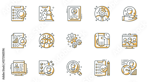 People management icons set in outline stroke design for web. Pack line pictograms with tasks, strategy, qualification certificate, manager, human resource, business plan, other. Vector illustration.