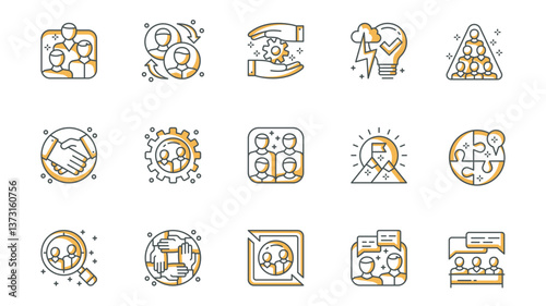 Teamwork icons set in outline stroke design for web. Pack line pictograms with team, interaction, project, subordination, handshake, group, success, personal input, search, other. Vector illustration.