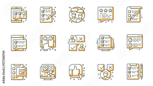 Survey icons set in outline stroke design for web. Pack line pictograms with online examining, checklist, opinion, emotional feedback, application, customer satisfaction, other. Vector illustration.
