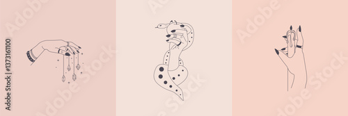 Mystical Hand Illustrations – Esoteric Symbolism and Spiritual Posters.Design Card Template with Magic Beautiful Woman Hands.Esoteric and mystical design elements