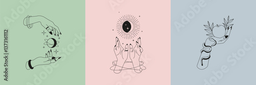Mystical Hand Illustrations – Esoteric Symbolism and Spiritual Posters.Design Card Template with Magic Beautiful Woman Hands.Esoteric and mystical design elements