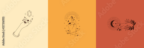 Mystical Hand Illustrations – Esoteric Symbolism and Spiritual Posters.Design Card Template with Magic Beautiful Woman Hands.Esoteric and mystical design elements