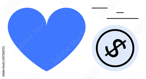 Blue heart beside a circular dollar sign with abstract lines symbolizing emotional value, charity, philanthropy, crowdfunding, generosity, financial decisions, and social impact. Flat simple metaphor