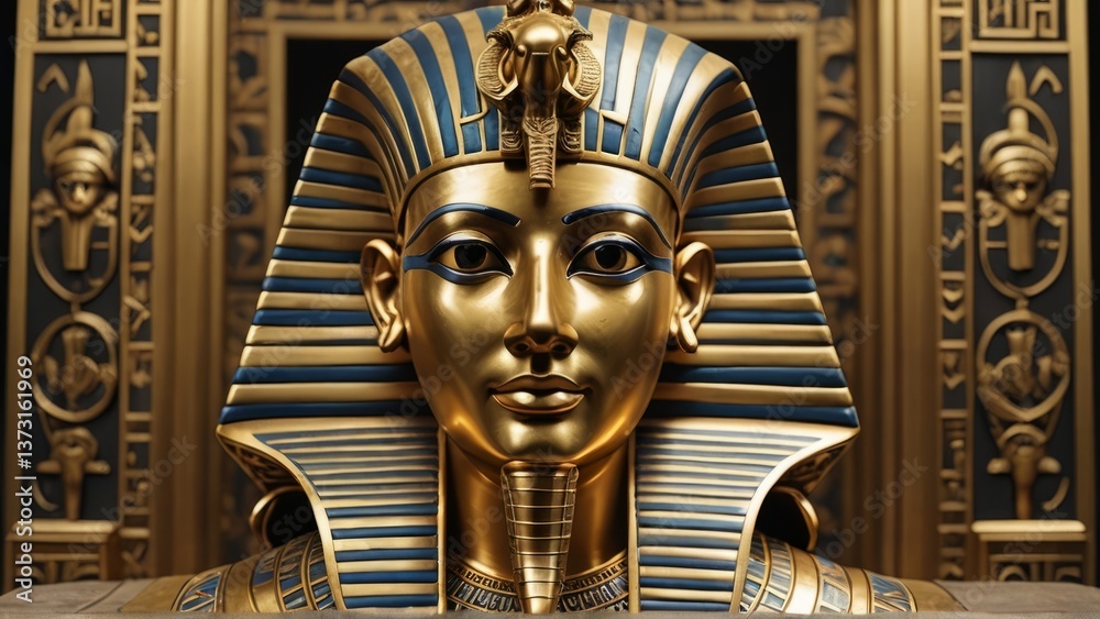 Obraz premium Pharaoh's golden mask with hieroglyph details. History, culture design perfect for ancient Egypt, art, or archaeology themes.