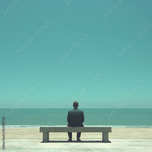 A suited person sits facing the sea on a concrete bench