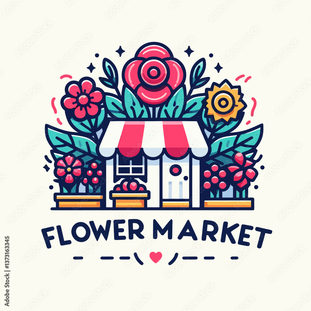 Logotipo de mercado de flores en estilo vectorial sobre fondo blanco en formato EPS10, perfecto para branding con énfasis en la naturaleza, frescura y elegancia del comercio floral.