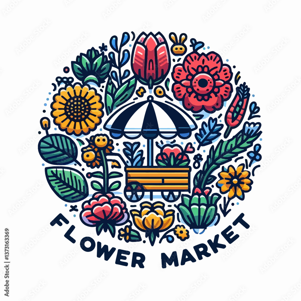 Logo de marché aux fleurs en style vectoriel sur fond blanc au format EPS10, parfait pour le branding mettant en avant la nature, la fraîcheur et l’élégance du commerce floral.