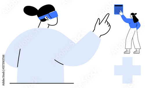Woman wearing AR headset gestures while interacting with a virtual interface as colleague holds calculator. Ideal for futuristic collaboration, technology, education, healthcare, teamwork, design
