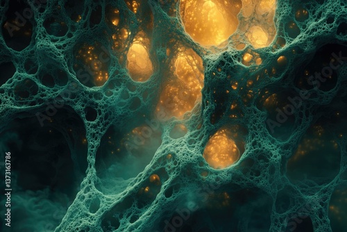 Intricate turquoise web structure with glowing orange interiors, resembling cells or otherworldly terrain, creates a captivating abstract visual.