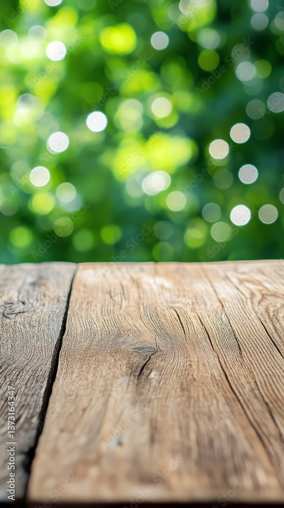 Fototapeta premium Summer festivity on wooden table with blurred green background