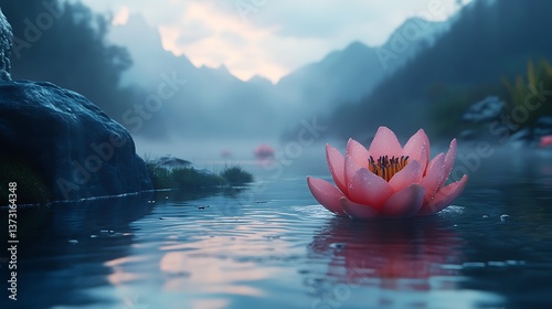 A pink lotus flower gently floats on serene tranquil water