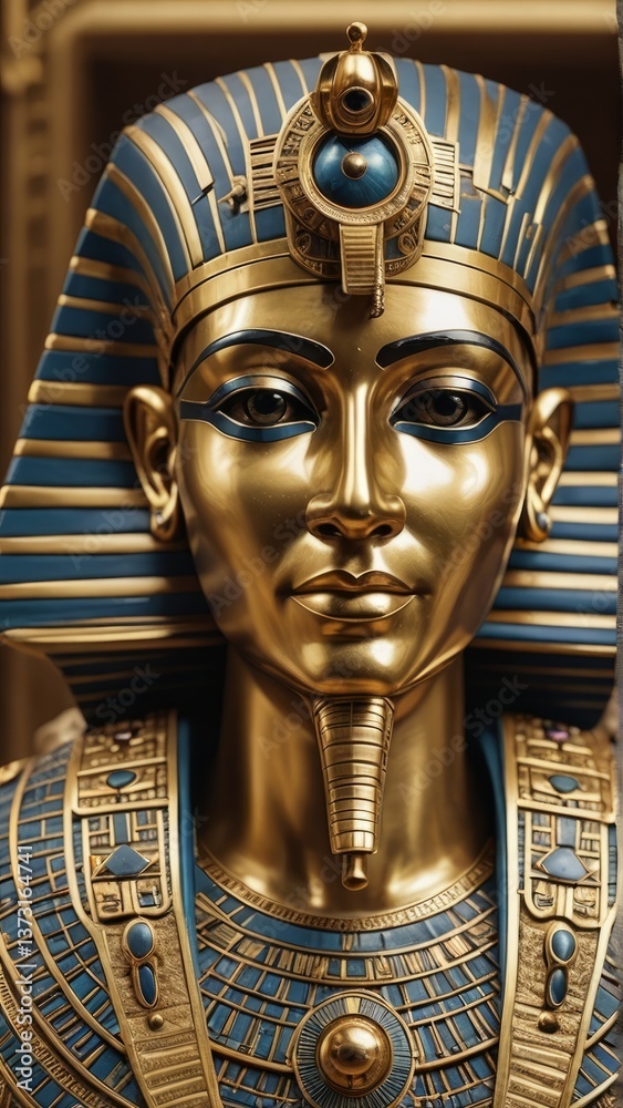 Obraz premium Pharaoh's golden mask with hieroglyph details. History, culture design perfect for ancient Egypt, art, or archaeology themes.