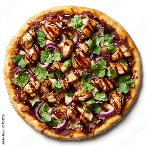 bbq chicken pizza on white background