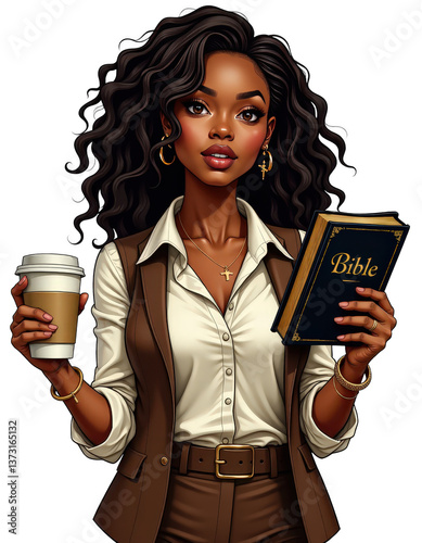 Curly Hair Woman with Coffee and Bible Clipart PNG