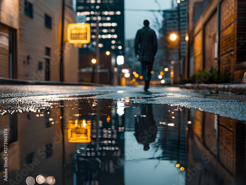 A Man Walking Alone on a Rainy City Street at Night