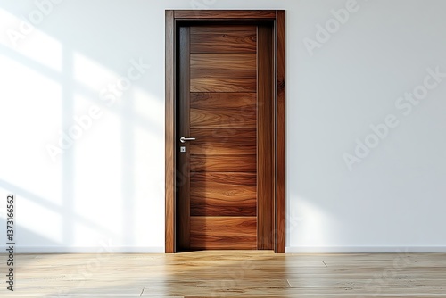 A solid wooden door is standing on a light wooden floor