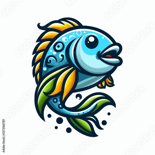 A cartoon fish logo or emblem in vector style, crafted in EPS10 format on a white background, perfect for brands with a fun and friendly marine accent.