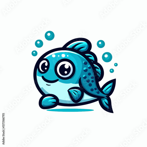 白い背景にEPS10形式のベクターグラフィックで描かれた、漫画スタイルの魚のロゴまたはエンブレムで、楽しくて親しみやすい海のアクセントを持つブランドに最適です。