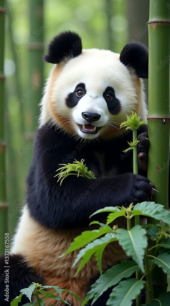 Fototapeta premium A sweet panda bear gently nibbling bamboo shoots in its lush, green habitat, sunlight dappling through the leaves.