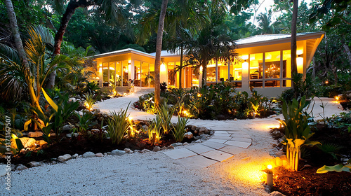 beautifully lit outdoor garden with landscape lighting creates warm and inviting atmosphere around modern house