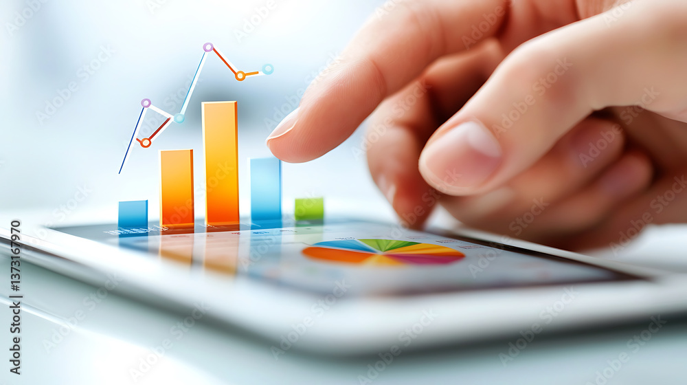 close up of hand interacting with tablet displaying colorful bar and pie charts, symbolizing data analysis close up of hand interacting with tablet displaying colorful bar and pie charts, symbolizing data analysis