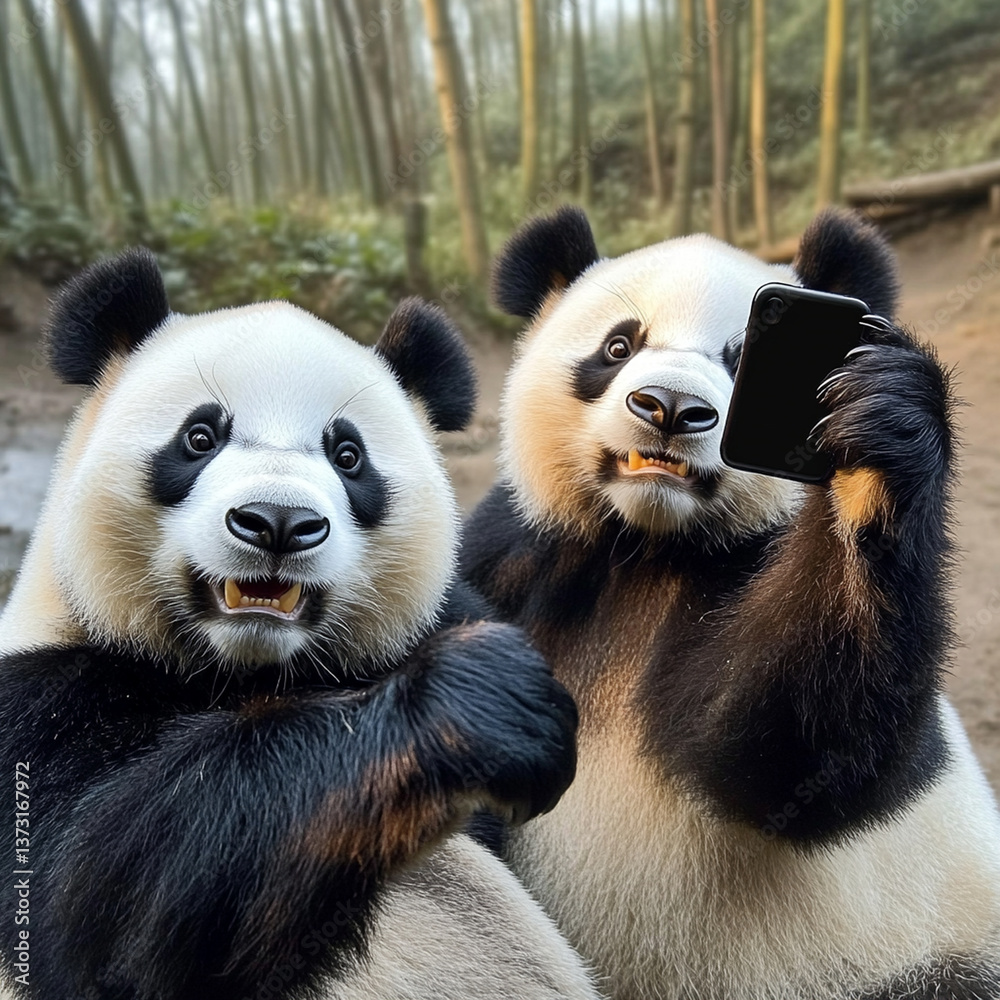 Obraz premium Two playful pandas taking selfie in bamboo forest, their adorable expressions and lively nature. This delightful moment captures charm of these beloved animals