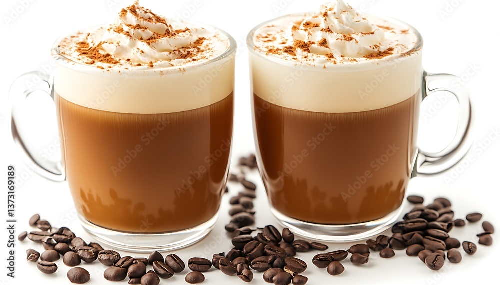 Two Coffee Beverages With Whipped Cream And Coffee Beans Two Coffee Beverages With Whipped Cream And Coffee Beans
