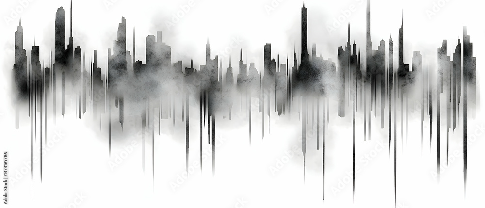 Grayscale City Skyline Emerging from Fog Grayscale City Skyline Emerging from Fog