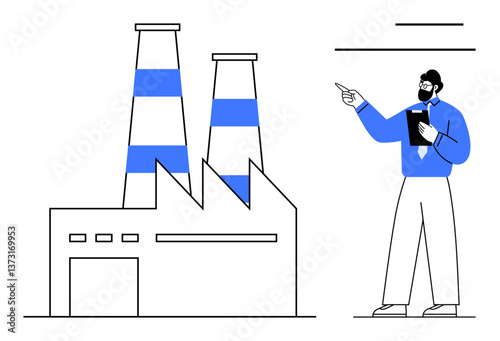 Industrial factory with twin smokestacks alongside engineer holding clipboard and pointing. Ideal for manufacturing, production, industrial planning, engineering, energy, business analysis, flat