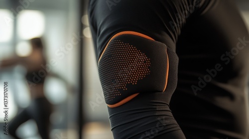 An individual wearing athletic wear with a pad on their arm