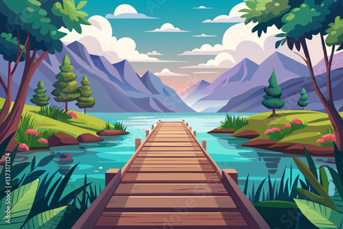 A serene wooden pathway leading to a calm lake, surrounded by soft nature, perfect for minimal wallpaper