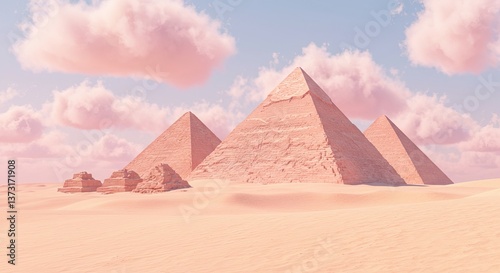 Pastel pink pyramids in a desert landscape with fluffy clouds. Surreal, travel design perfect for art, fantasy, or adventure themes.