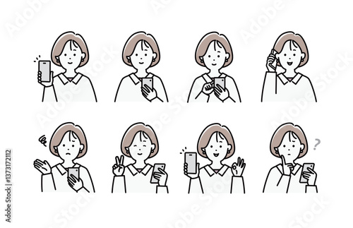 スマホを操作する若い女性のイラストセット