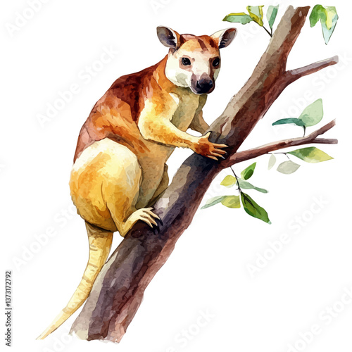 A watercolor vector of a tree kangaroo, isolated on a white background. Tree kangaroo vector.

