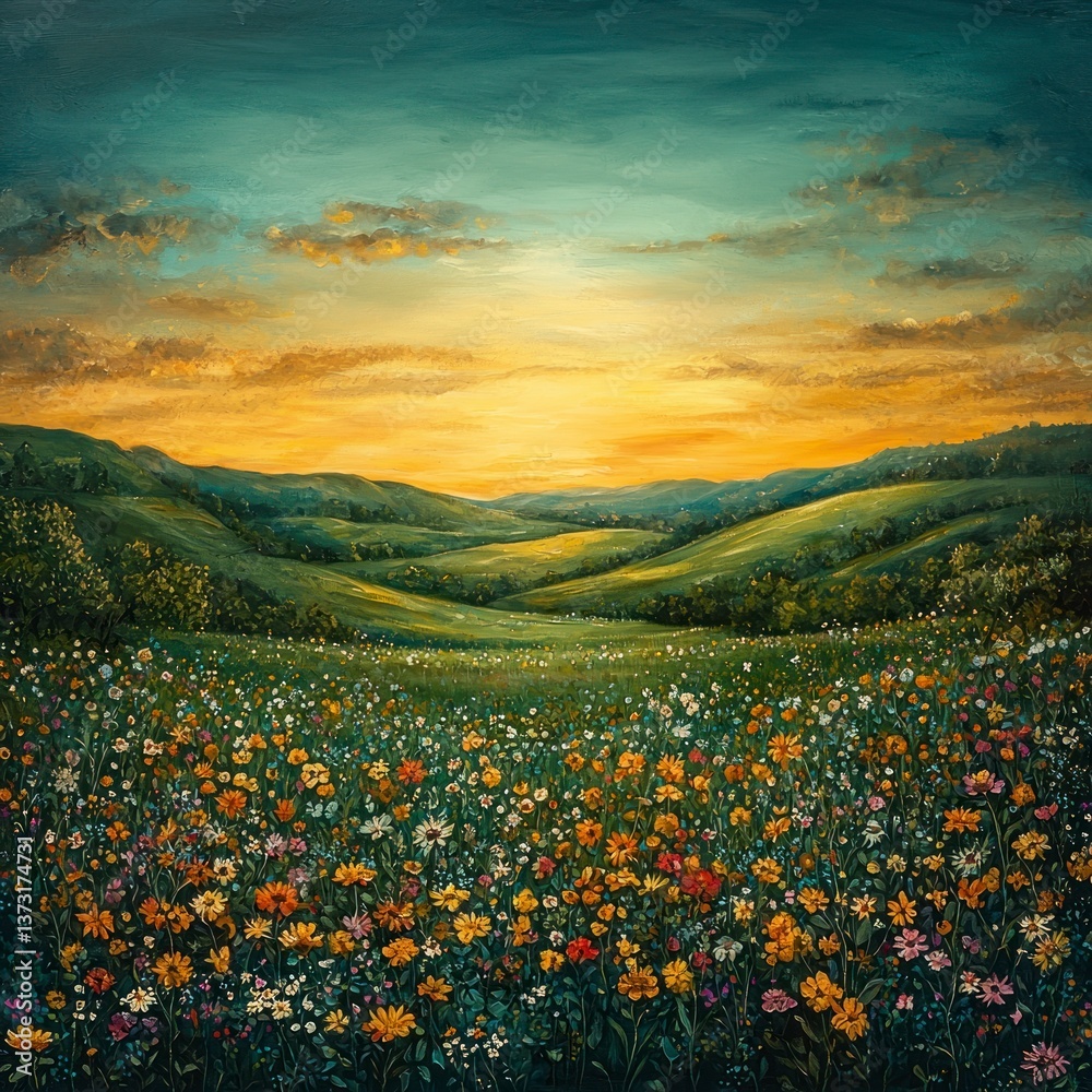 Scenic Landscape of Rolling Hills Beneath a Sprawling Cerulean Sky at Sunset