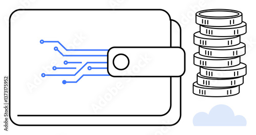 Wallet with electronic circuit design, coin stack, and cloud depicting digital finance, cryptocurrency, fintech, online transactions, savings, secure payments and blockchain. Perfect flat simple
