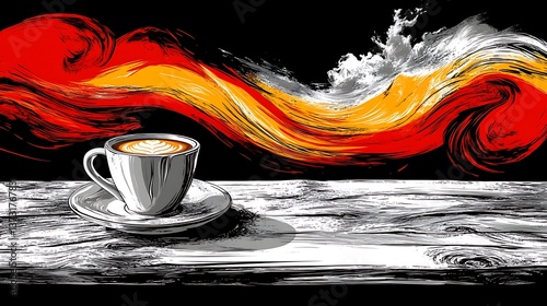 An isolated vector of a smiling coffee cup with a swirl.