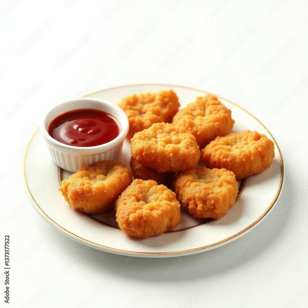 A plate of golden, crispy chicken nuggets served with a side of tangy ketchup. A plate of golden, crispy chicken nuggets served with a side of tangy ketchup.