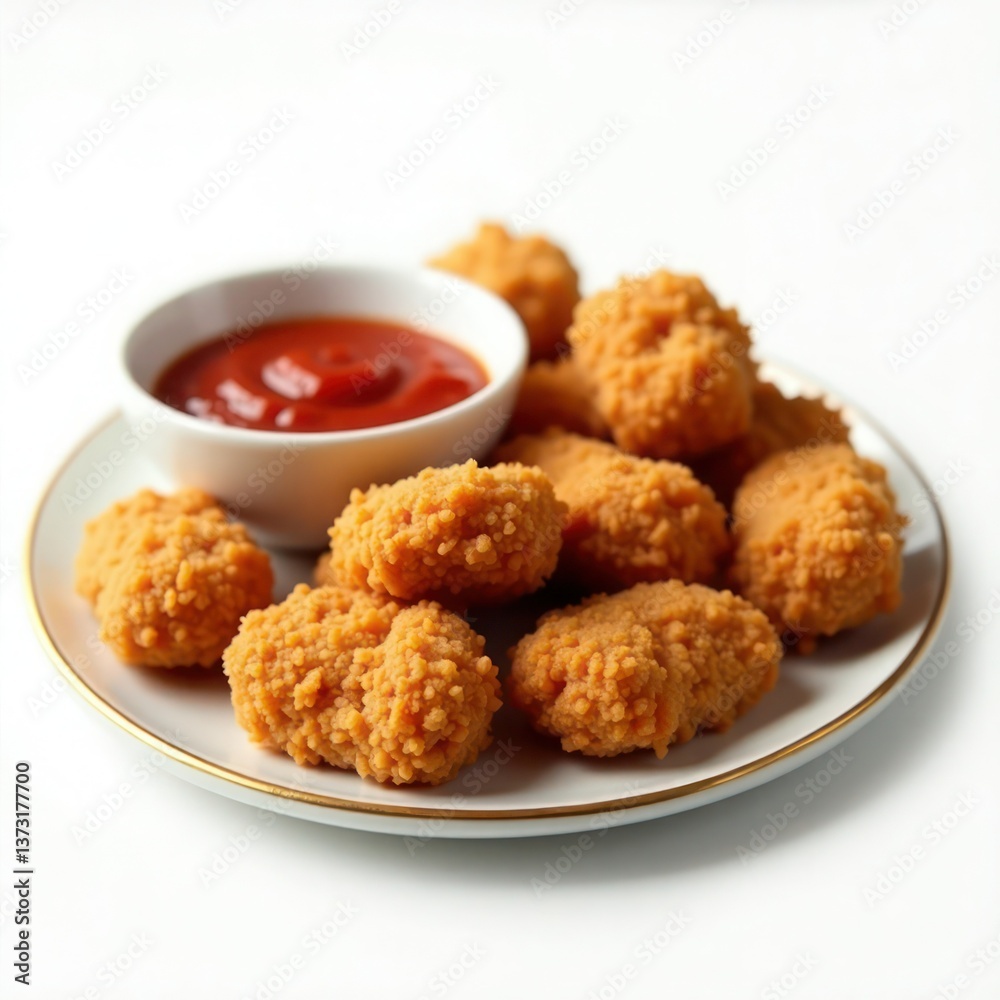 Plate of crispy fried chicken nuggets served with a side of tangy dipping sauce. Plate of crispy fried chicken nuggets served with a side of tangy dipping sauce.