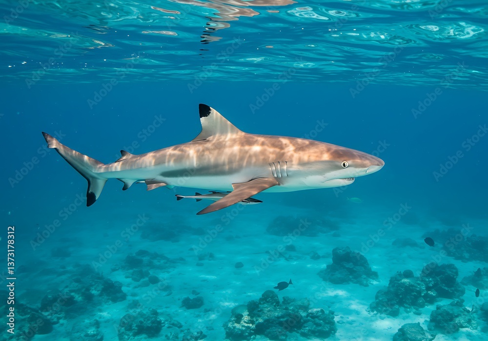 Naklejka premium A graceful blacktip reef shark glides effortlessly through a vibrant coral reef, sunlight dappling its sleek form in the crystal-clear turquoise water.